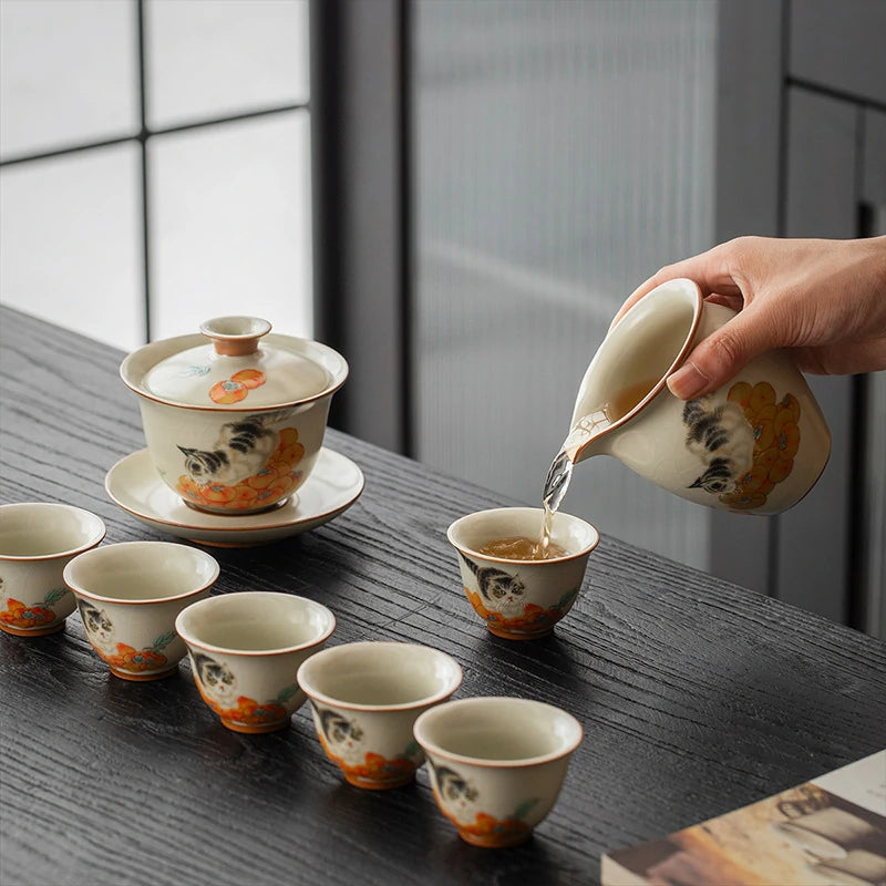 Persimmon & Cat Chinese Tea Ceremony Set