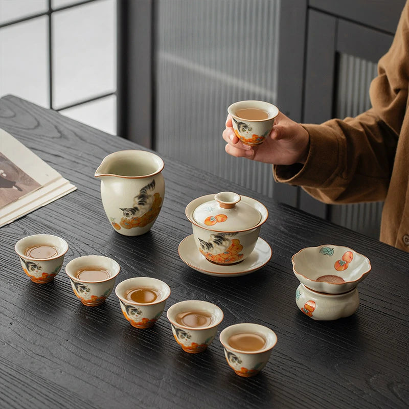 Persimmon & Cat Chinese Tea Ceremony Set